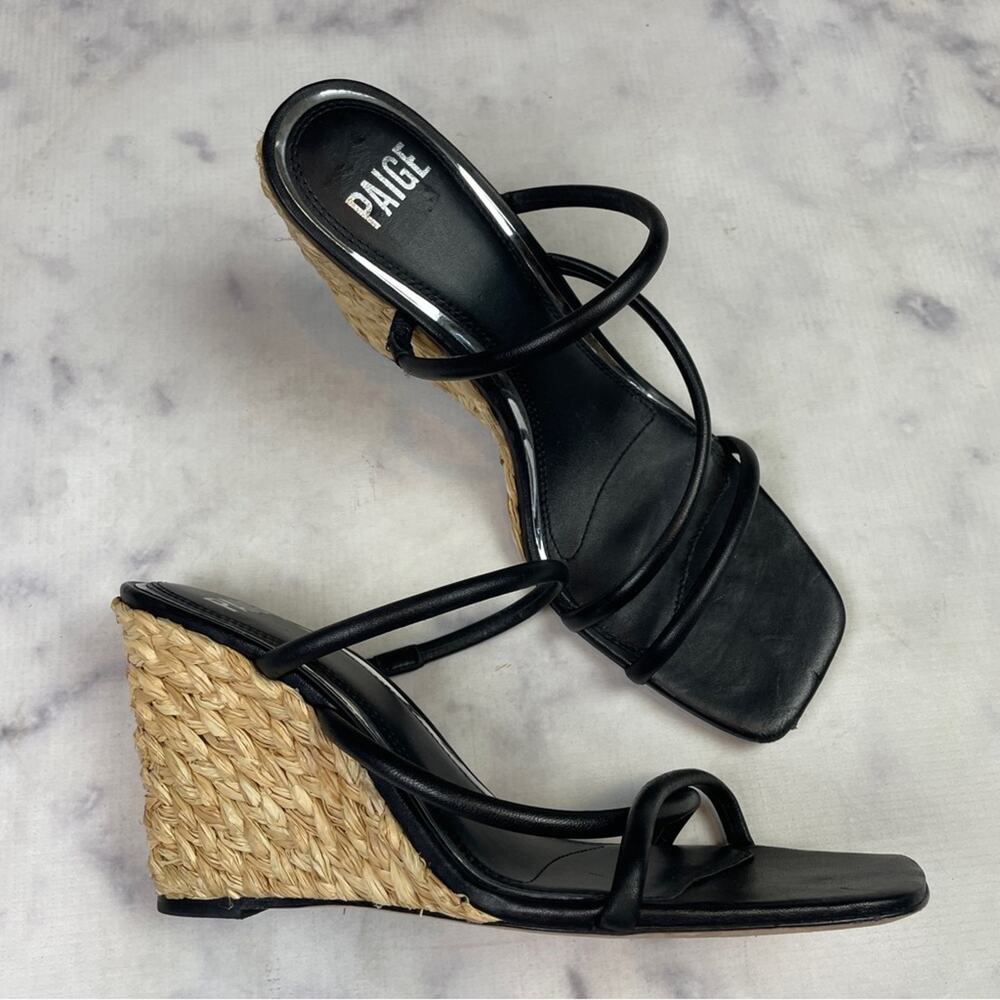 Paige Stacey Black Strappy Leather Raffia Wedge Slide Sandals Sz 10